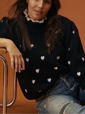 Anthropologie Black Sweater with Embroidered White Heart